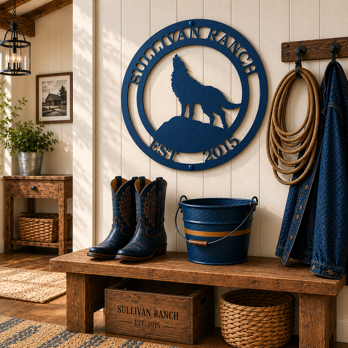 Navy blue personalized wolf ranch sign with Sullivan Ranch text mounted above wooden bench and cowboy boots