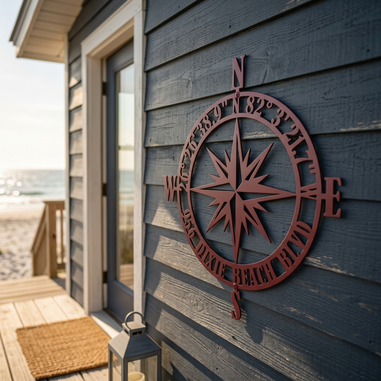 Red personalized compass rose address sign with beach coordinates mounted on dark coastal siding