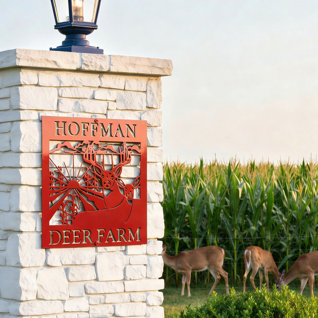 Red personalized deer farm metal sign reading “HOFFMAN DEER FARM” displayed on a white stone pillar with deer grazing near a cornfield in the background.