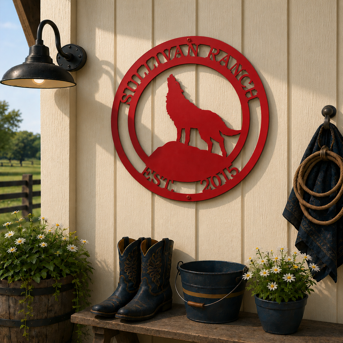 Red personalized wolf ranch metal sign with family ranch name and established date on farmhouse exterior wall