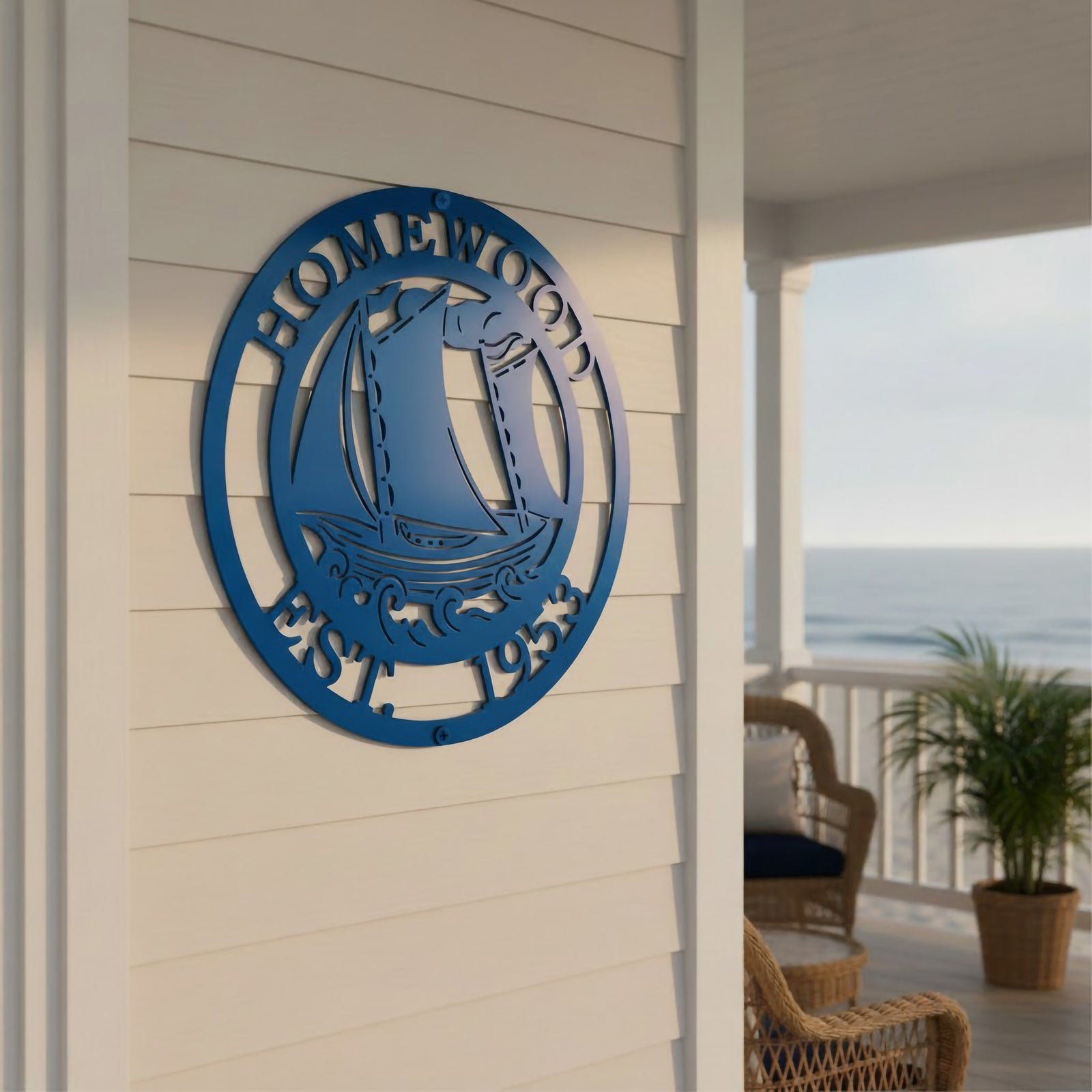 A round, laser-cut bright blue metal wall sign mounted on white vertical board-and-batten siding. The sign features a detailed sailboat riding ocean waves in the center, enclosed by a border reading "HOMEWOOD" at the top and "EST. 1953" at the bottom. A beach boardwalk porch and dark support pillar are visible in the soft-focus background.