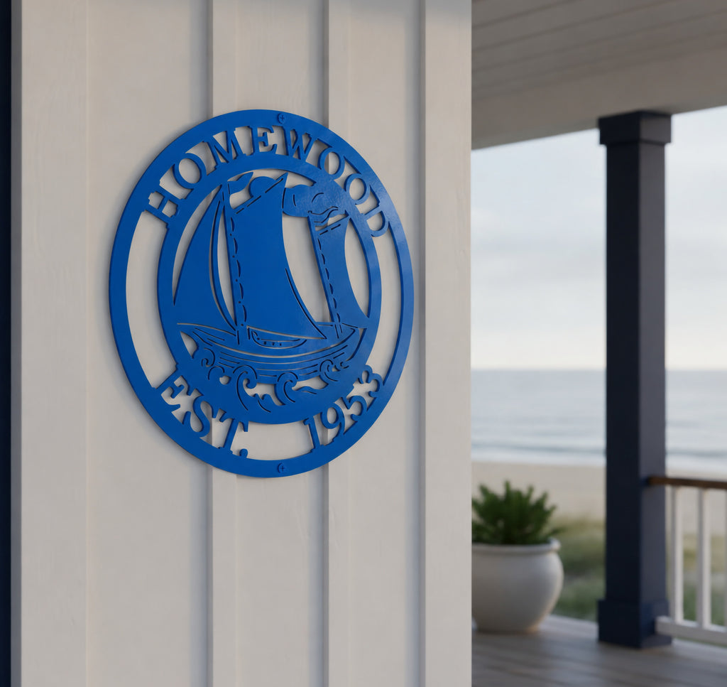 A dark navy blue circular metal cut-out sign depicting a sailboat on waves with the inscription "HOMEWOOD EST. 1953". It is installed on a light tan vertical plank exterior wall, offering a clear view of a sandy beach and blue ocean waters past a white deck railing.