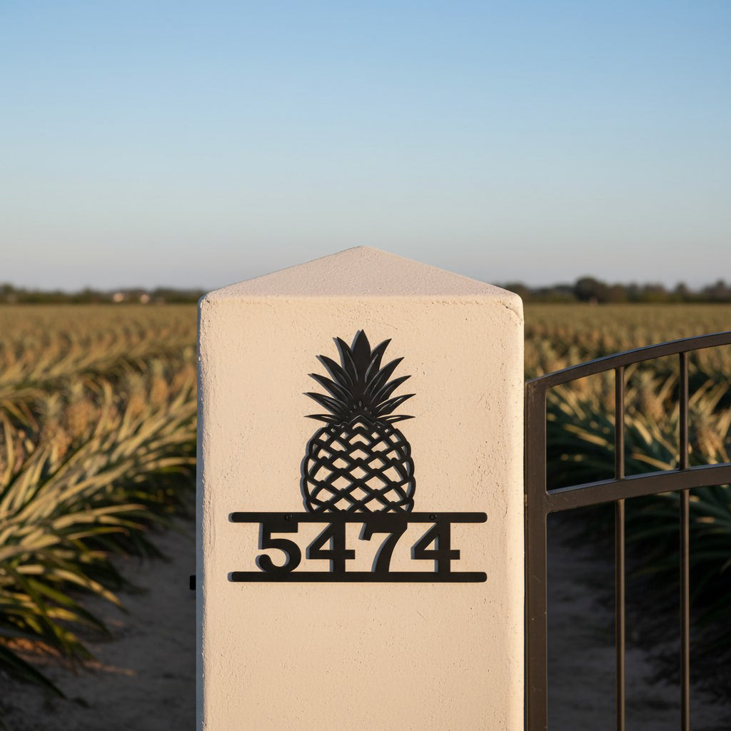 Satin black pineapple address sign with number 5474 mounted on a white gate pillar in front of a pineapple field