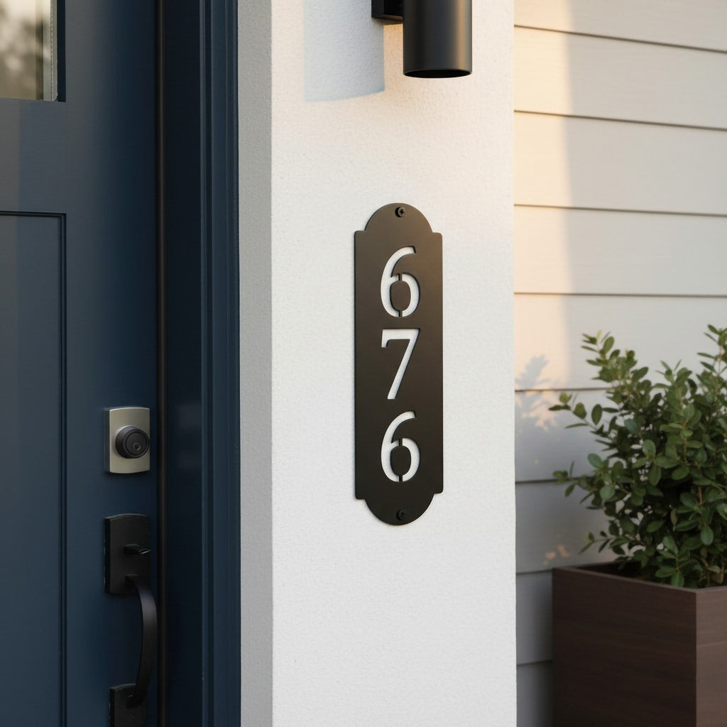Satin black vertical address number plaque with cutout numbers displayed beside a modern front door