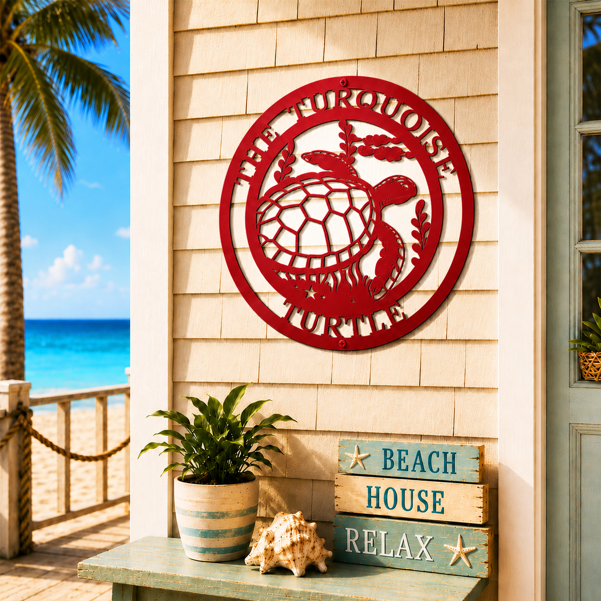 Red personalized sea turtle metal wall sign mounted on beach house exterior beside coastal themed decorations