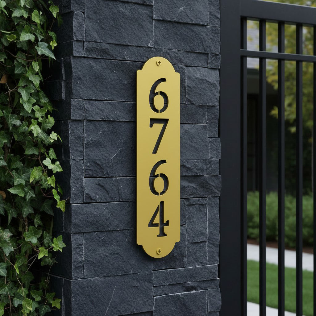 Spring yellow vertical address plaque with black cutout numbers mounted on a dark stone entrance pillar