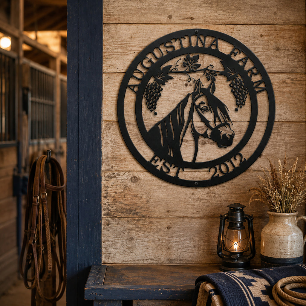 Black horse farm metal wall sign displayed on wooden stable exterior with horse stalls and rustic barn setting