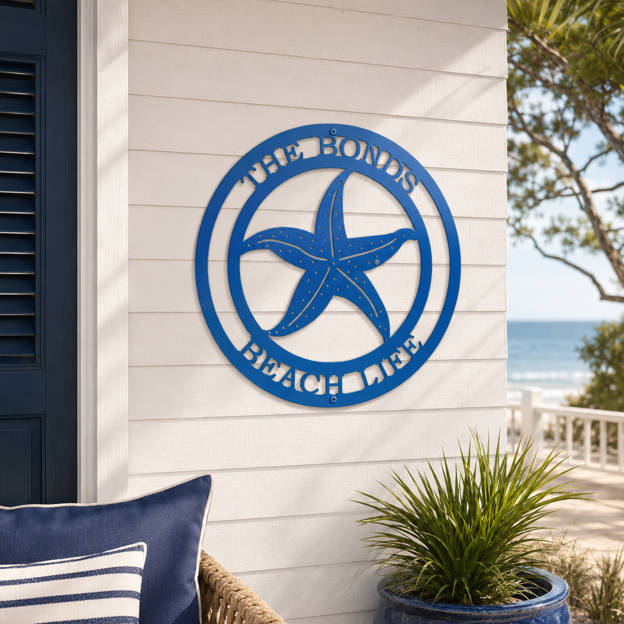 Royal blue personalized starfish metal wall sign with custom text The Bonds Beach Life mounted on a white shiplap exterior wall near a blue shutter window.