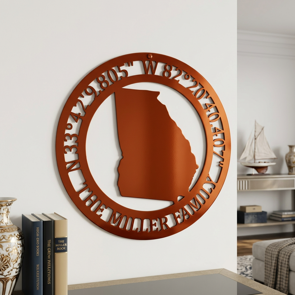 A copper-colored circular metal wall sign showing the silhouette of Georgia, personalized with geographic coordinates and "The Miller Family," mounted on a white wall next to a stack of books.