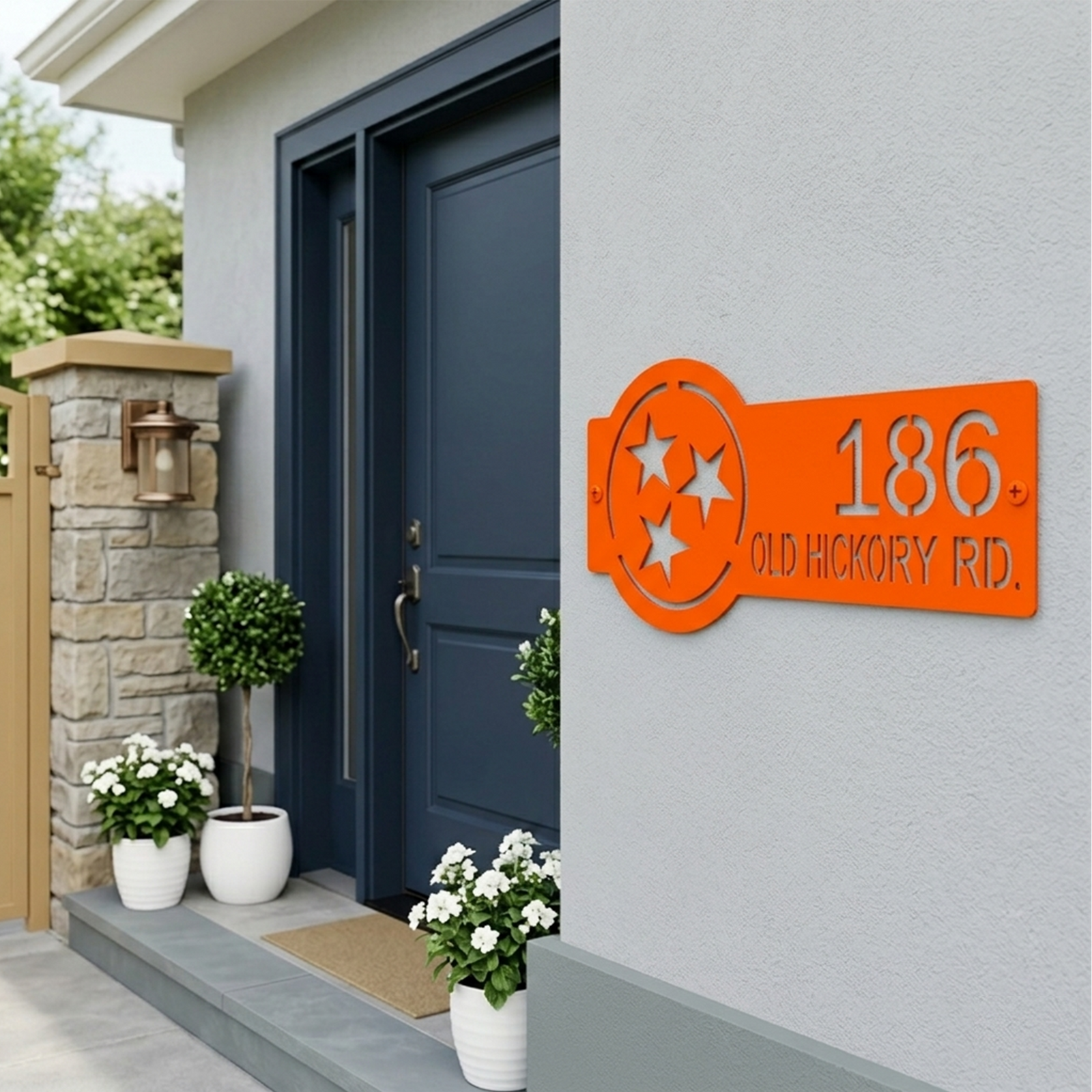 Personalized orange Tennessee tri star address plaque with laser cut house numbers for modern home exterior décor