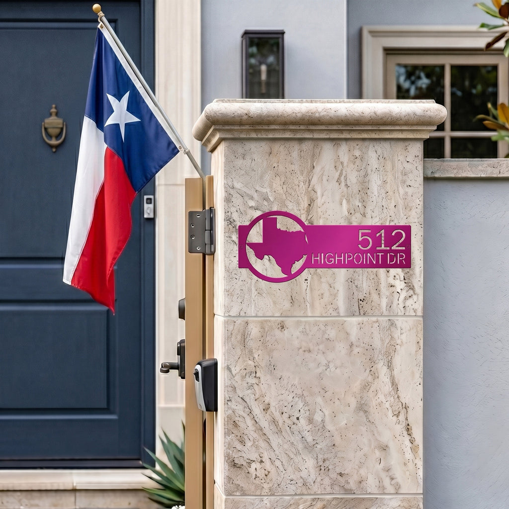 Personalized Texas address plaque metal sign with house numbers and modern outdoor entryway décor
