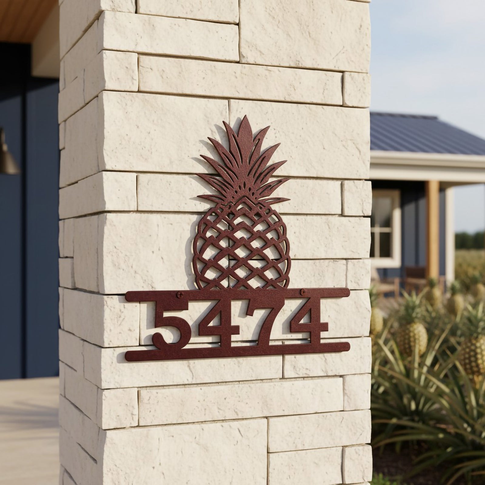 Textured copper pineapple metal address sign with house number 5474 mounted on a white stone pillar