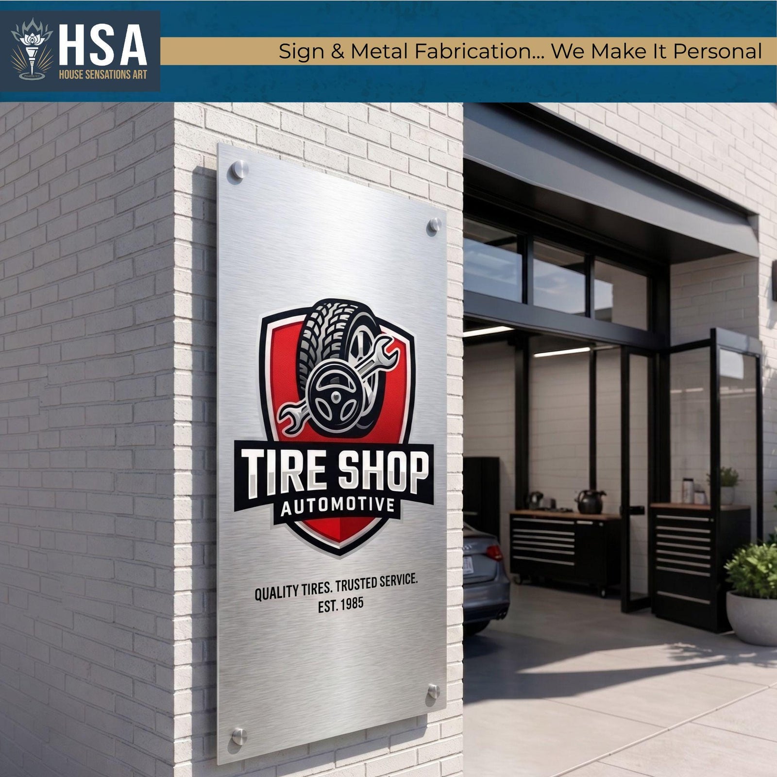 Large brushed metal tire shop automotive sign mounted outside modern garage building with custom business branding