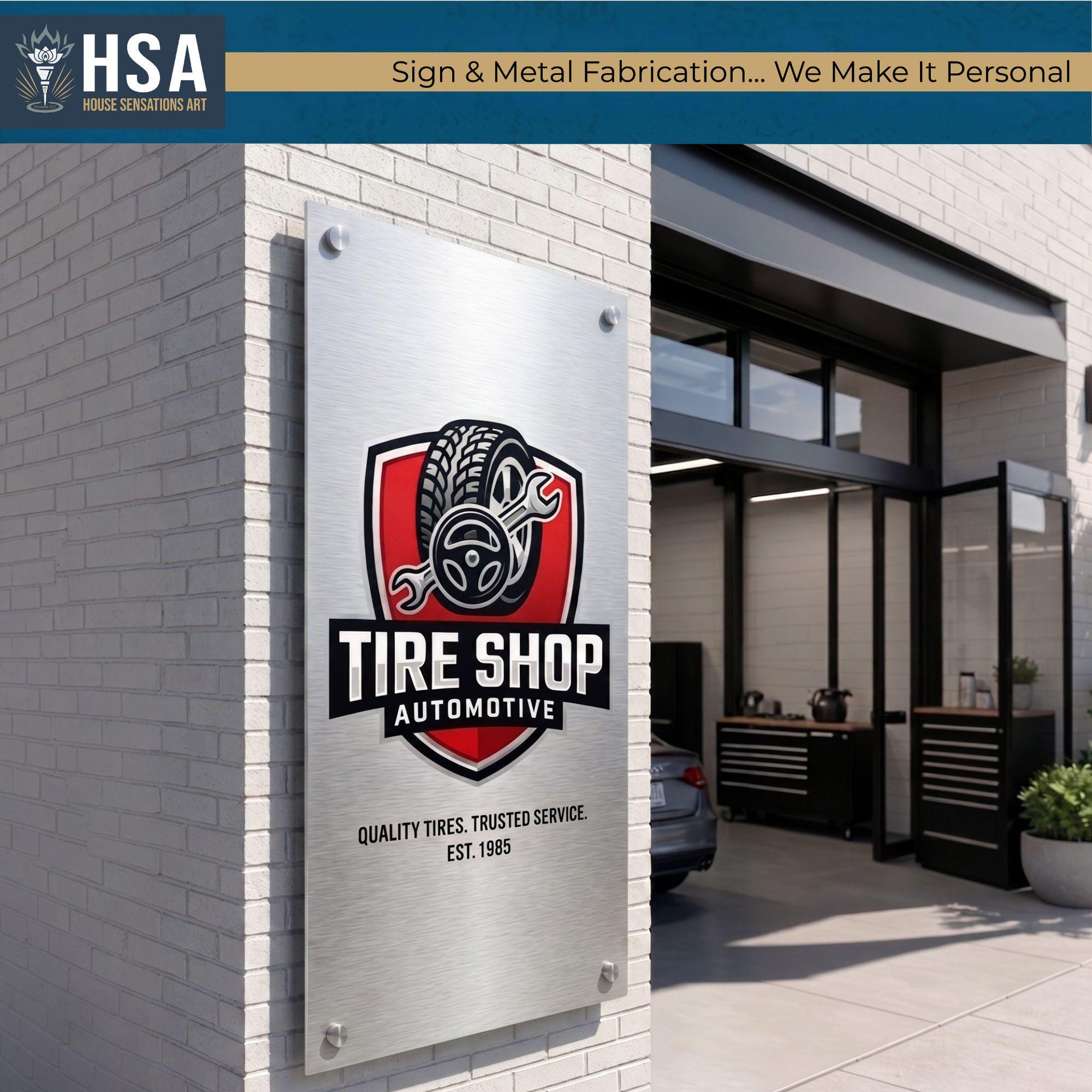 Large brushed metal tire shop automotive sign mounted outside modern garage building with custom business branding