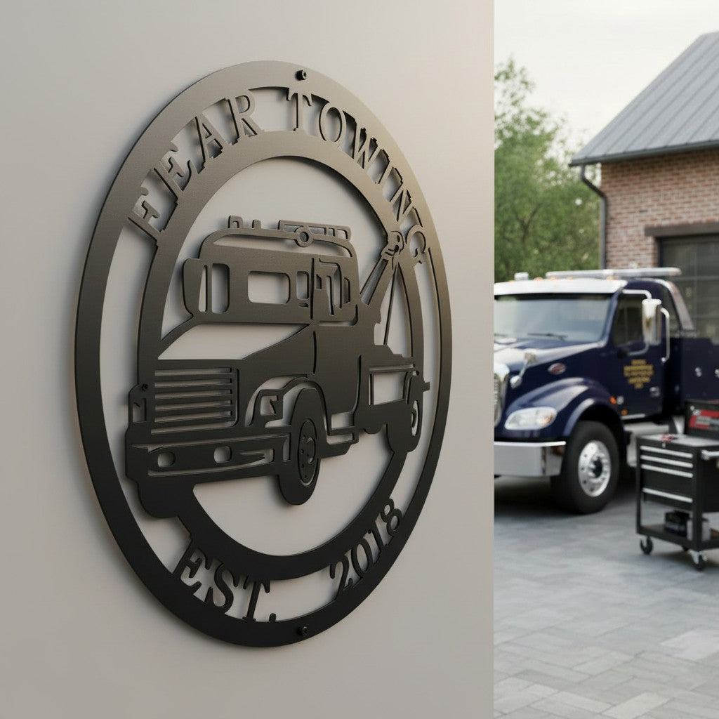 Matte black personalized tow truck wrecker metal sign with custom text Fear Towing Est 2018 mounted on an outdoor stucco wall next to a dark blue commercial truck.
