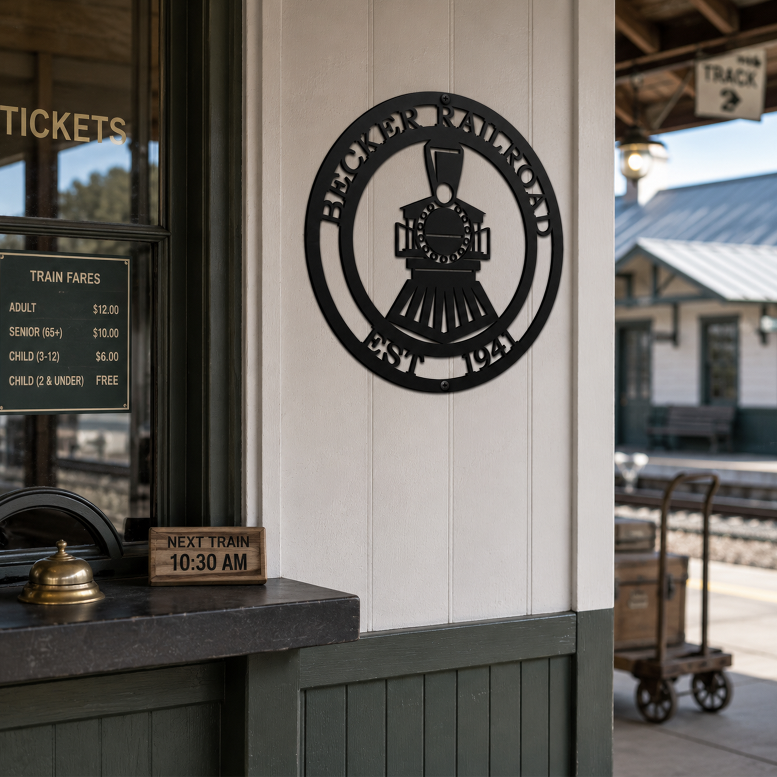 Black Becker Railroad locomotive metal wall art displayed beside vintage ticket booth window at railway station