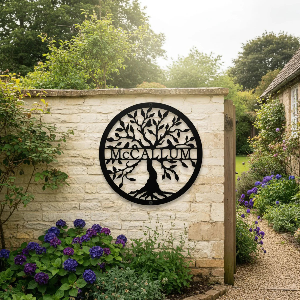Decoración de pared metálica de árbol de la vida personalizada – Arte exterior con nombre familiar personalizado