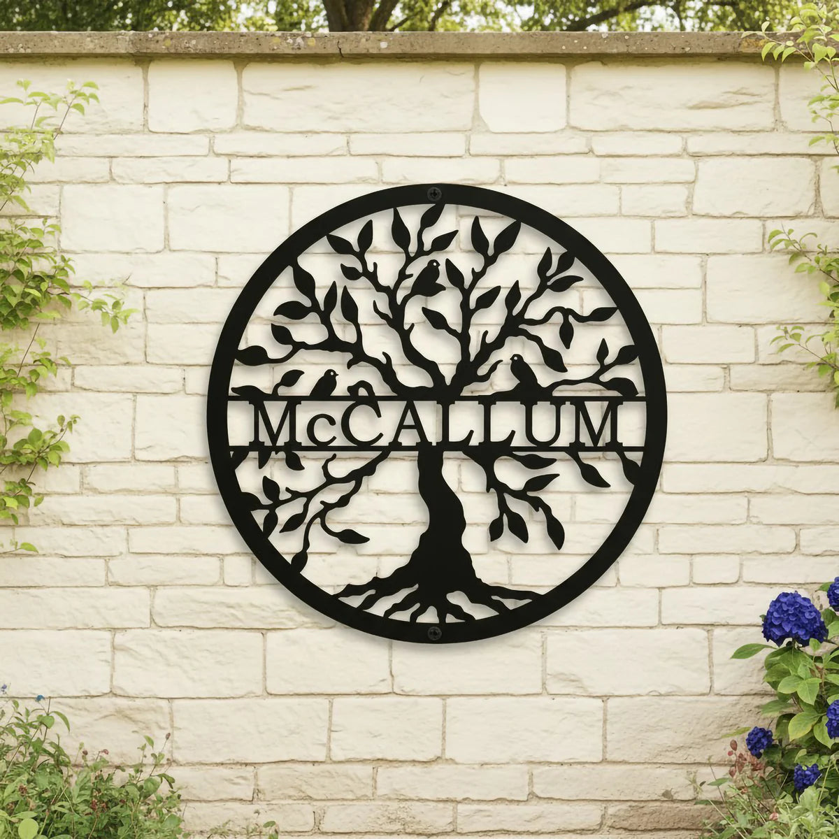 Decoración de pared metálica de árbol de la vida personalizada – Arte exterior con nombre familiar personalizado
