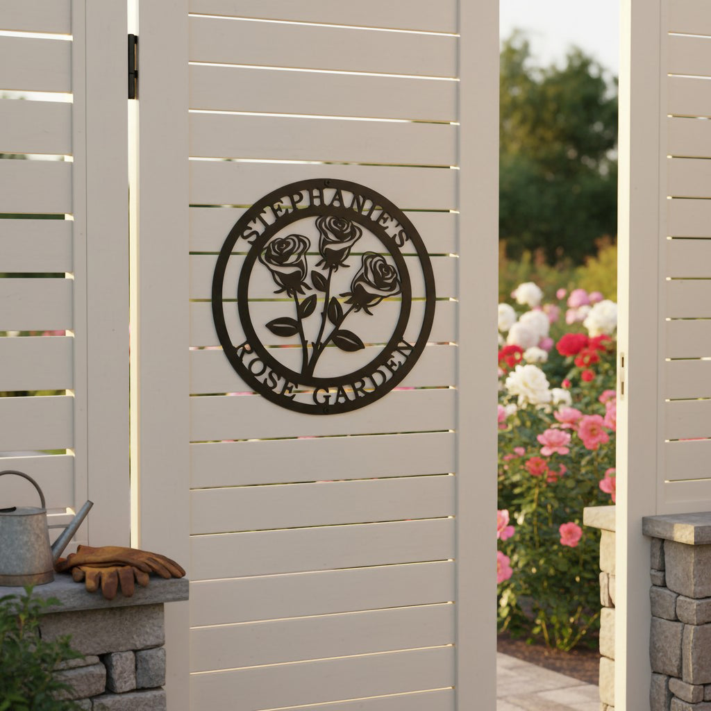 Satin black personalized botanical rose bouquet metal sign with custom text Stephanie's Rose Garden mounted centrally on a white slatted privacy gate overlooking a flower bed.