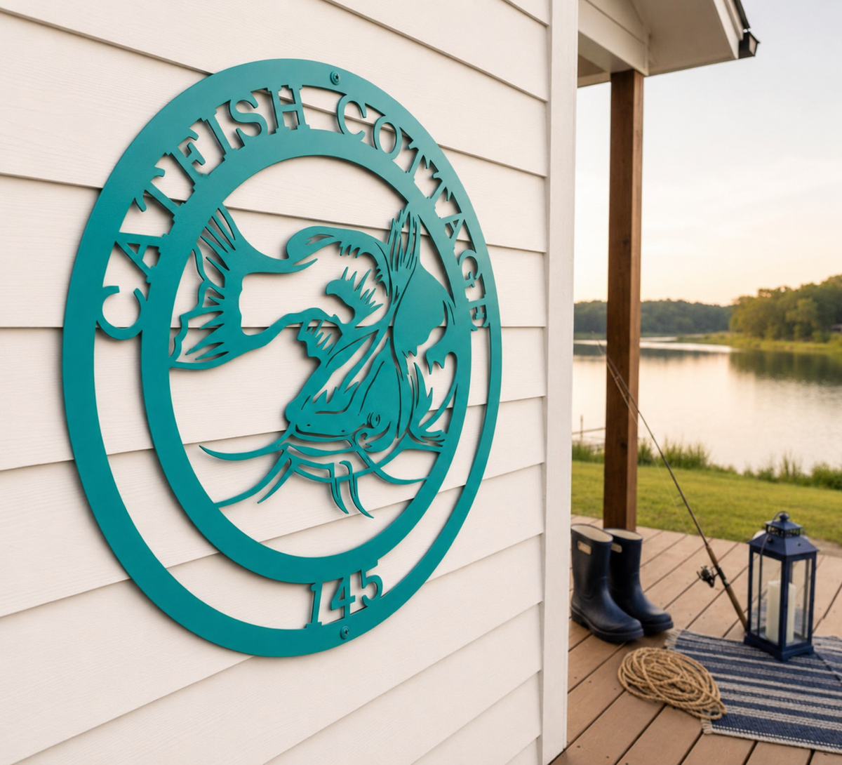 Vibrant teal custom metal catfish sign mounted on a white beach house exterior wall near fishing boots and a lantern on a wooden deck at sunset.