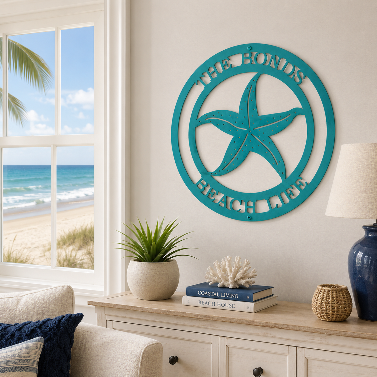 Bright turquoise blue personalized starfish metal sign displayed on a living room wall next to a window with a beautiful tropical ocean view.