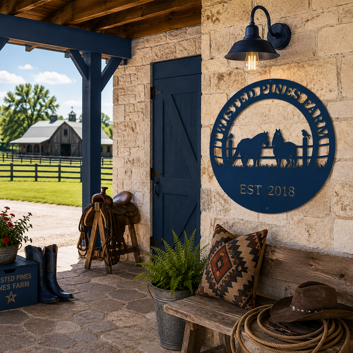 Ocean blue Twisted Pines Farm metal sign with horse and raven design displayed on rustic ranch porch wall