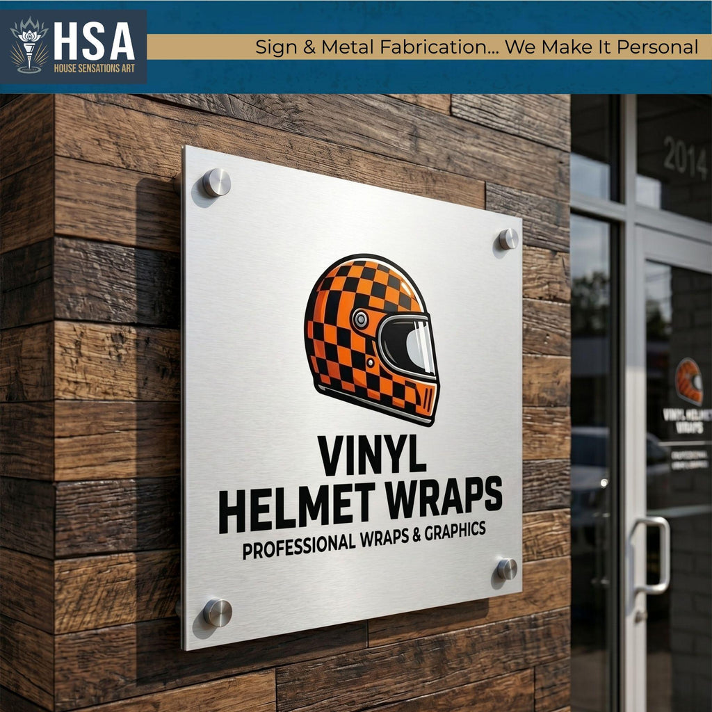 Brushed metal business sign for vinyl helmet wraps mounted on rustic wood storefront wall with racing helmet logo