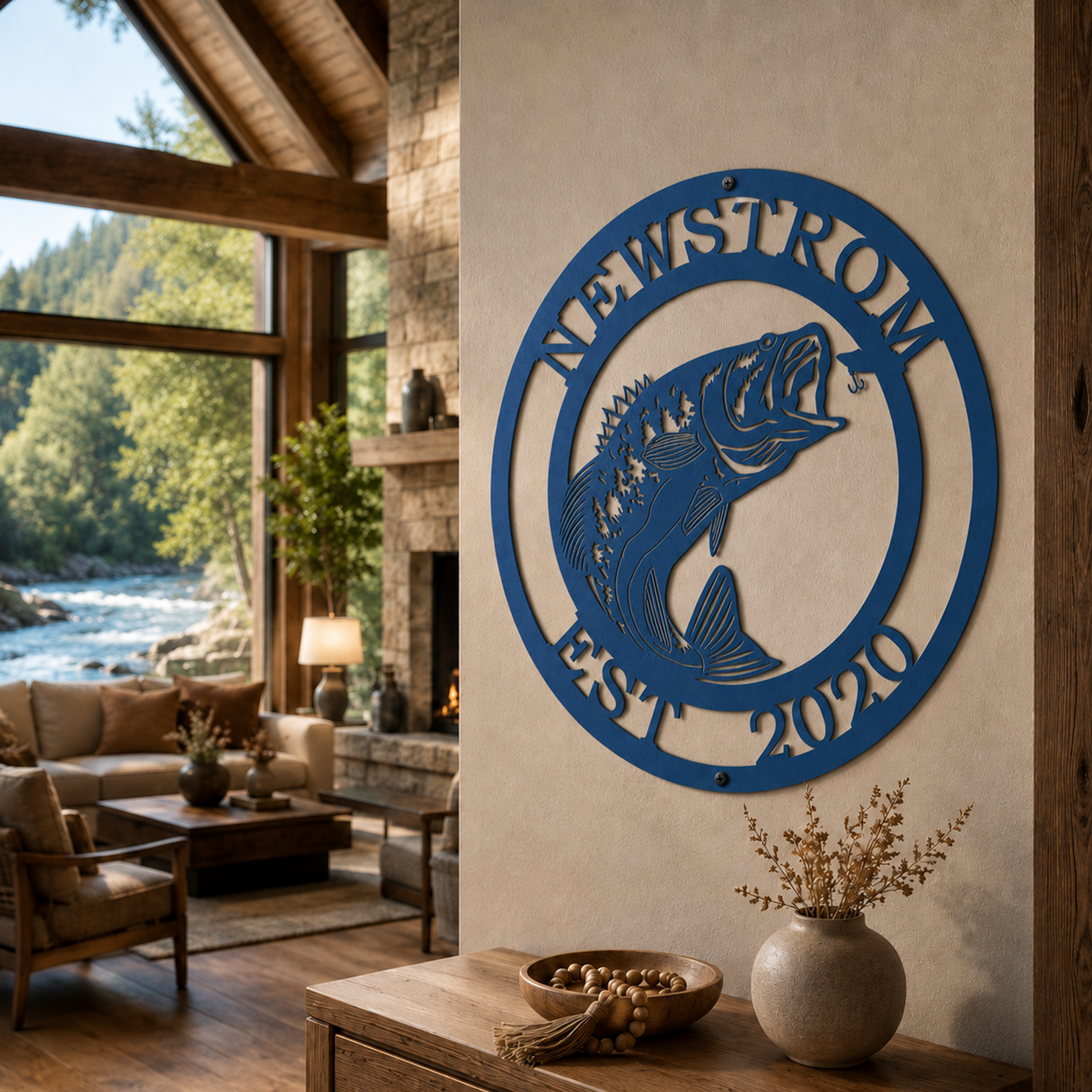 Custom walleye fish metal sign — personalized blue fishing wall decor featuring a detailed fish design mounted in a rustic lakefront cabin.