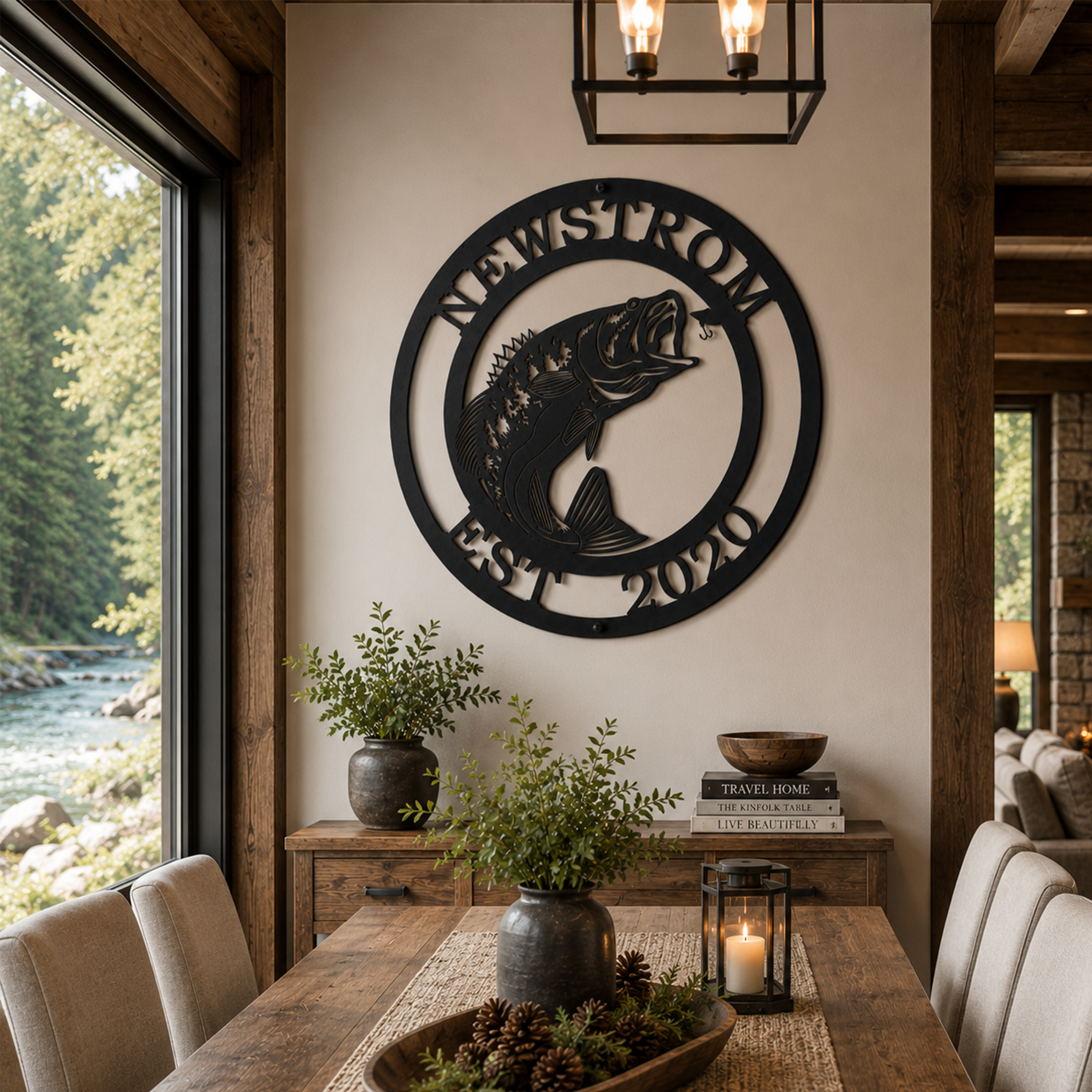 Custom walleye fish metal sign — personalized fisherman cabin decor in black powder-coated steel displayed above a dining room sideboard with lake views.