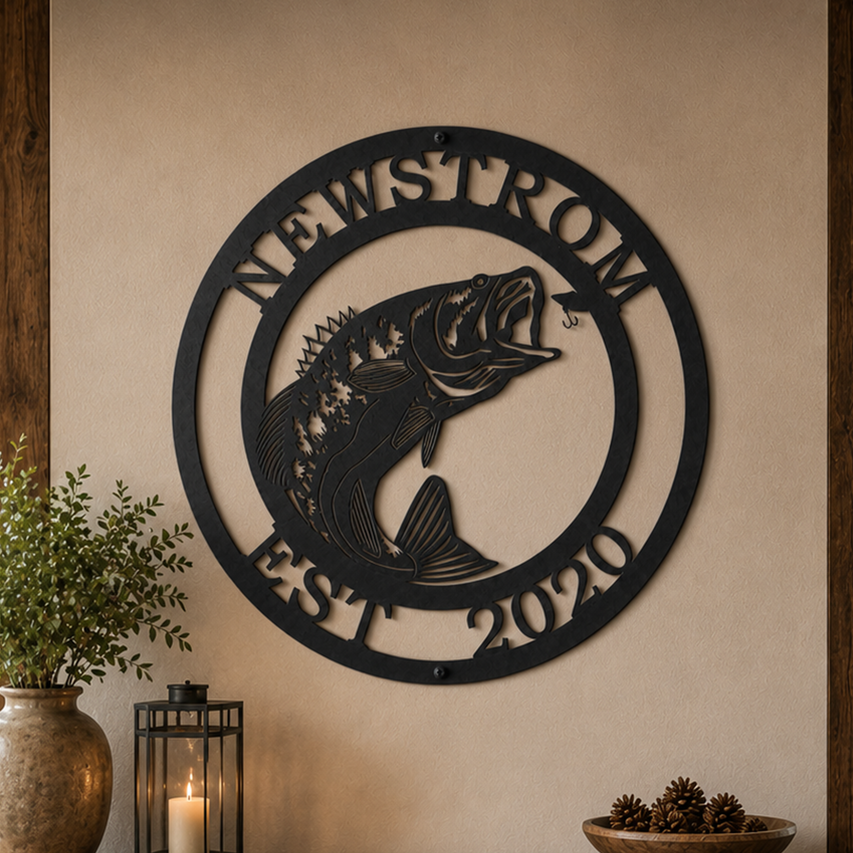 Custom walleye fish metal sign — personalized fishing lodge wall art featuring a custom family name and established year displayed on an indoor wall.