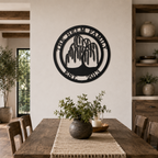 Custom weeping willow tree metal sign — personalized established family wall art mounted above a rustic farmhouse dining room table.