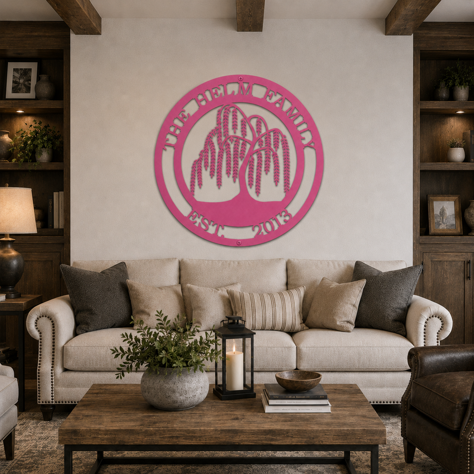 Custom weeping willow tree metal sign — personalized magenta family name wall art displayed above a cozy farmhouse living room sofa.