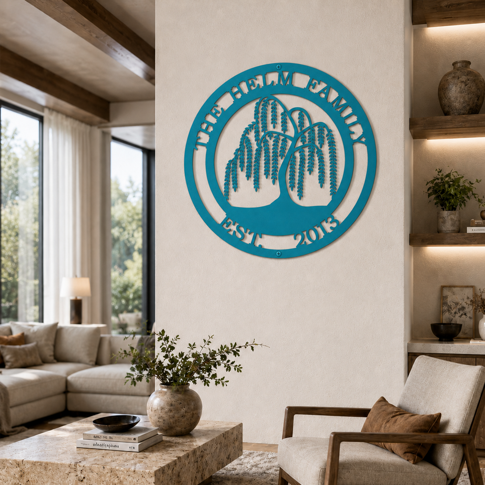 Custom weeping willow tree metal sign — personalized turquoise family wall decor mounted on an elegant living room accent wall.