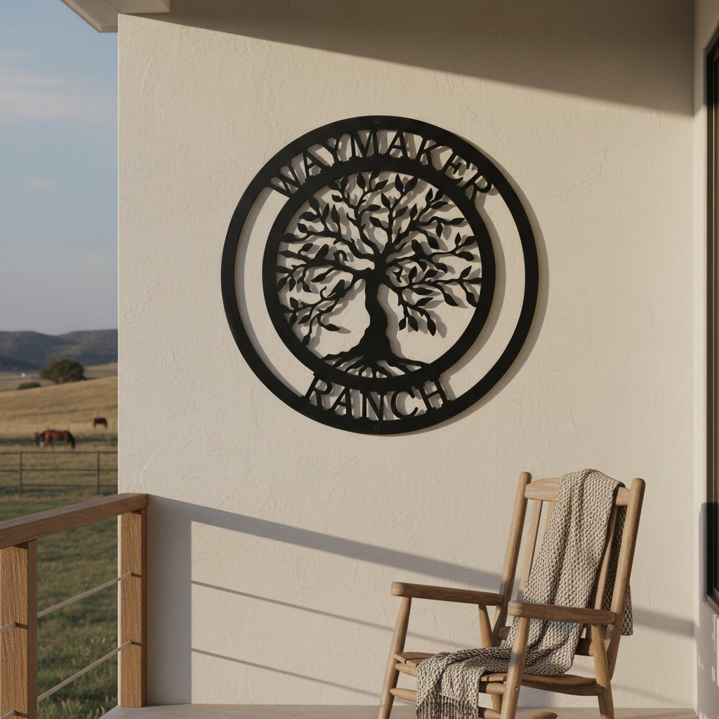 A satin black circular metal sign displaying a Tree of Life motif and the text "WAYMAKER RANCH" is mounted on a plain white stucco patio wall. A wooden rocking chair draped with a cozy blanket sits on the balcony, looking out over a wide rolling pasture where horses graze under a clear sky.