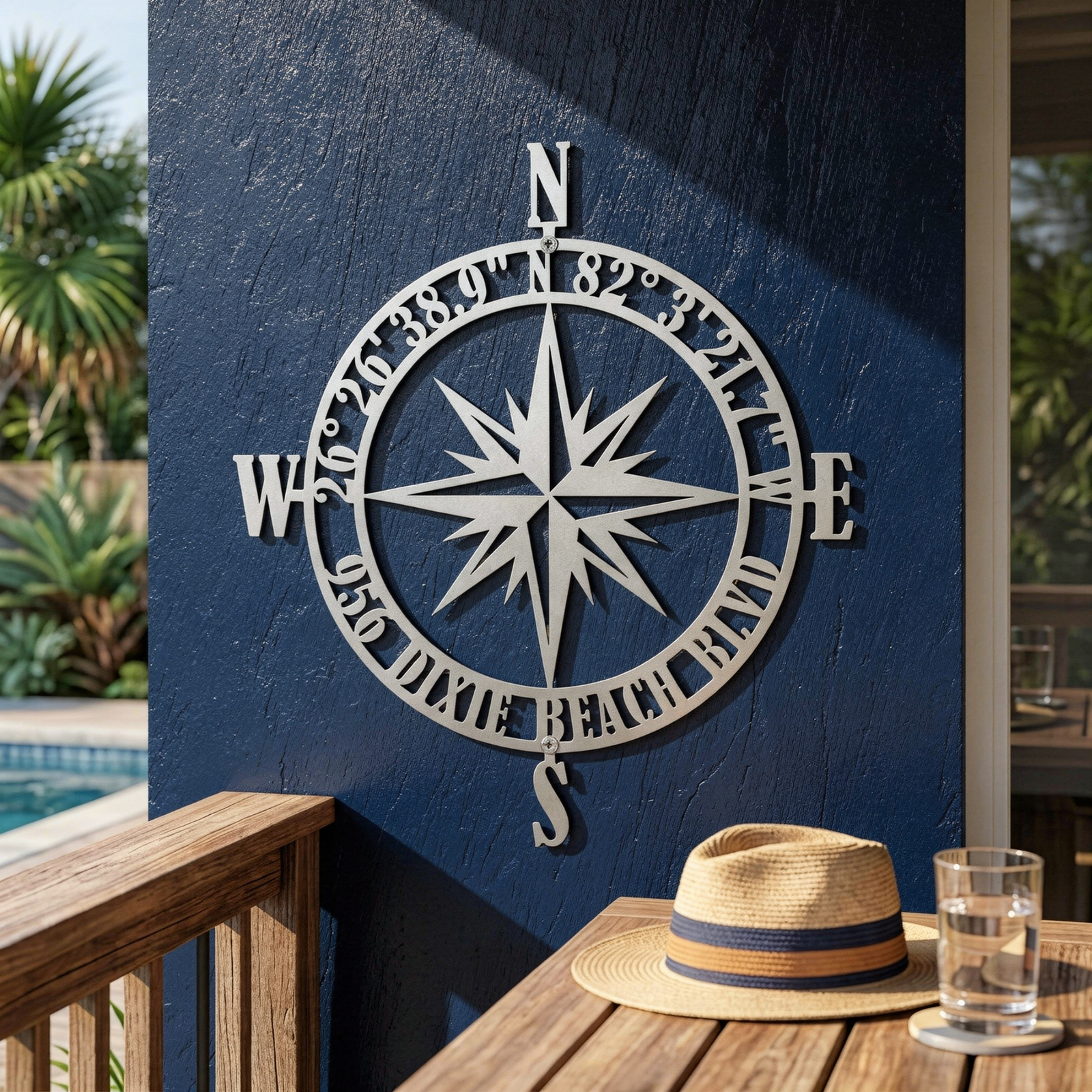 White compass rose metal sign with custom coordinates and beach name displayed on a blue outdoor patio wall