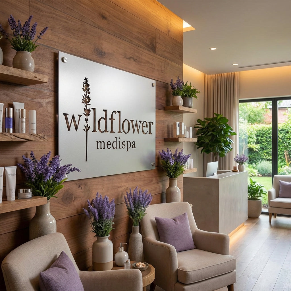 Elegant custom wildflower medispa brushed metal wall sign displayed in luxury spa reception area with wood accent wall lavender decor cozy chairs and modern wellness interior design
