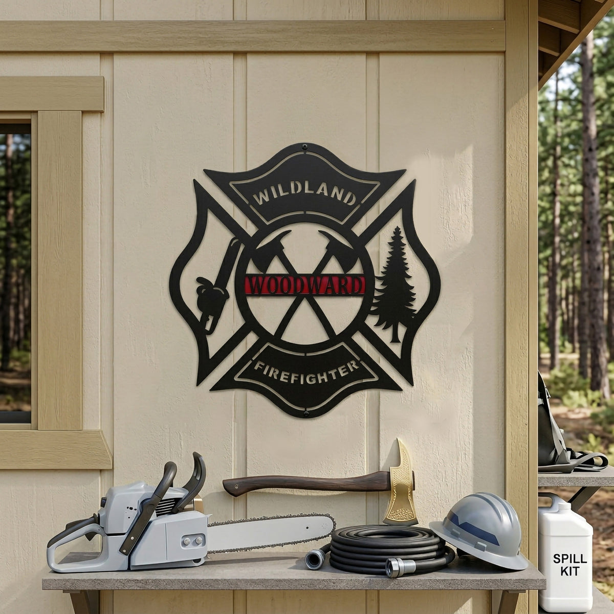 Personalized wildland firefighter metal wall sign mounted on outdoor shed wall with firefighting tools and forest background