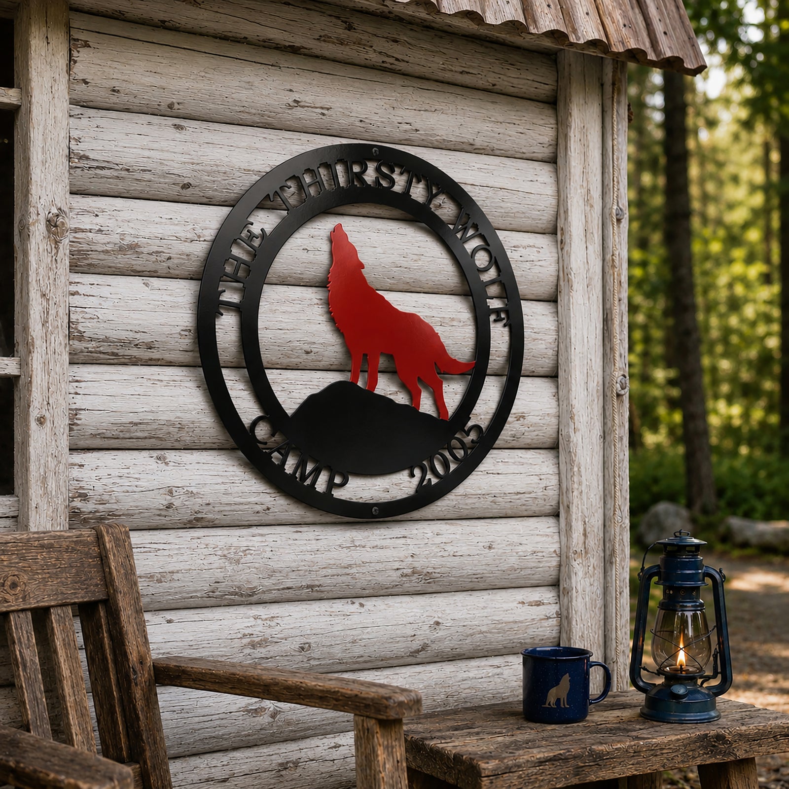 Black and red wolf personalized metal sign displayed on rustic cabin wall beside lantern and outdoor camping décor
