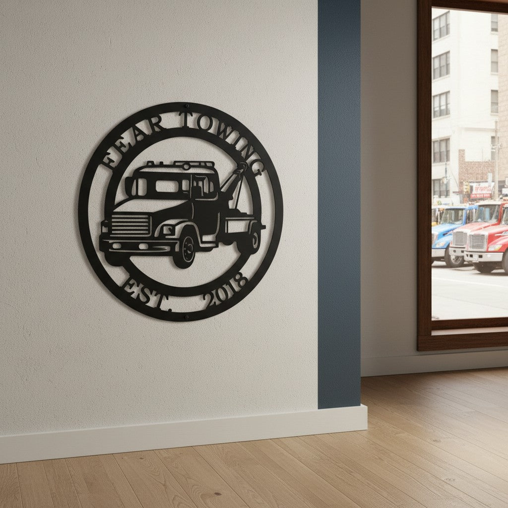Satin black personalized round metal tow truck sign featuring a flatbed wrecker design with the text Fear Towing Est 2018, mounted indoors on a white wall by a window looking out to street traffic.