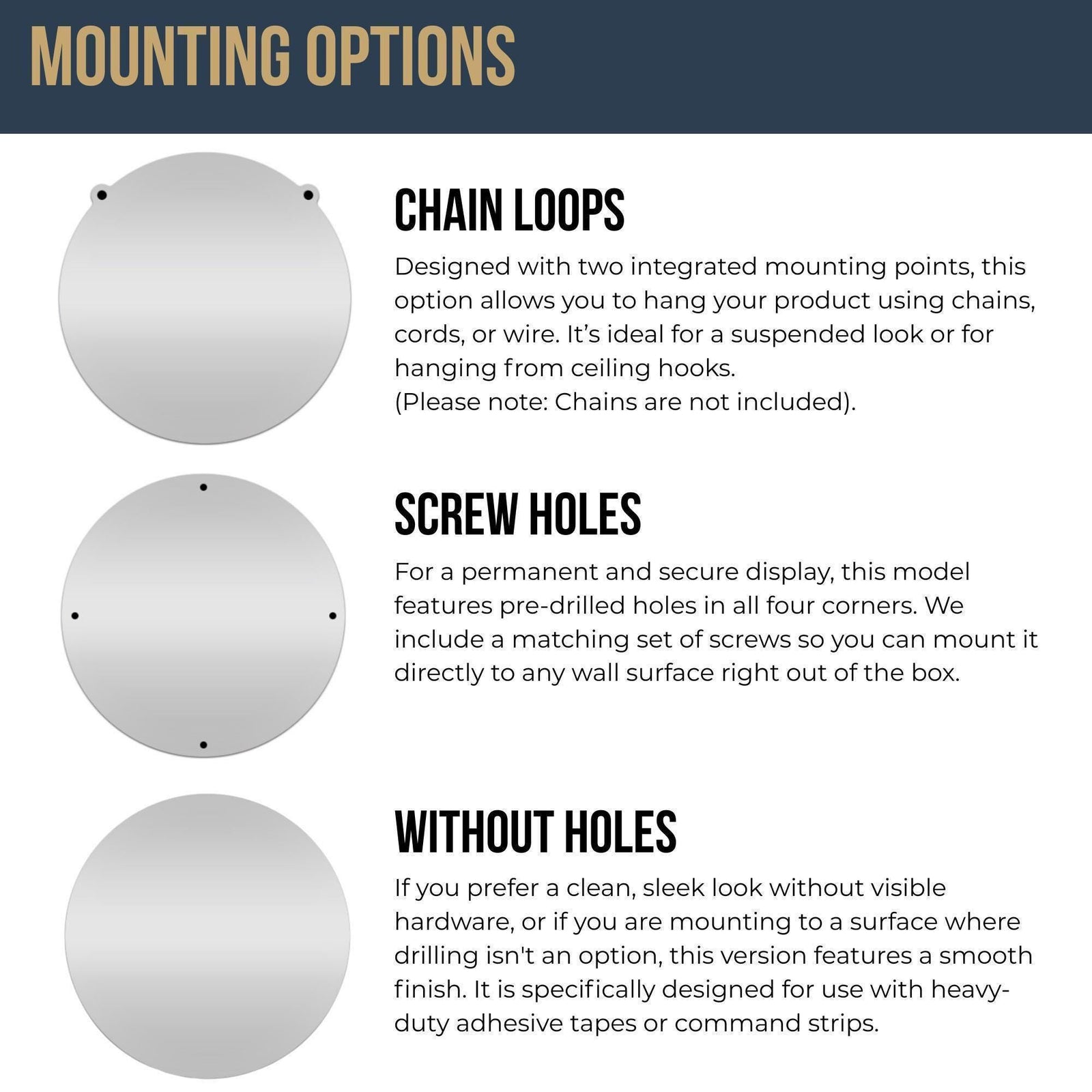metal sign shape chart showing round oval rectangular and square options with mounting methods including chain loops screw holes and no holes