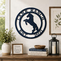 Custom horse ranch metal wall sign with rearing horse silhouette and established date displayed in rustic farmhouse décor