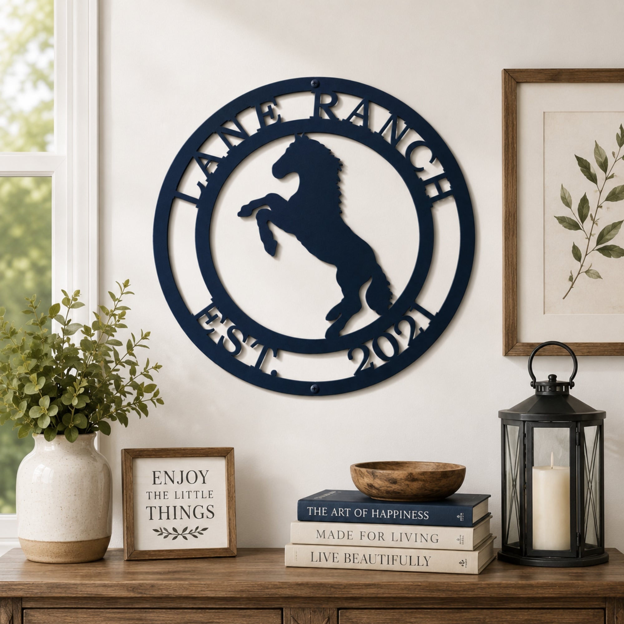 Custom horse ranch metal wall sign with rearing horse silhouette and established date displayed in rustic farmhouse décor