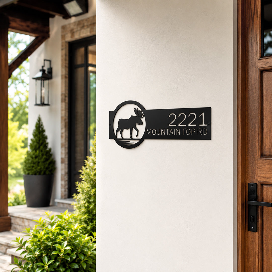 Letrero metálico personalizado de alce para cabaña rústica y decoración exterior
