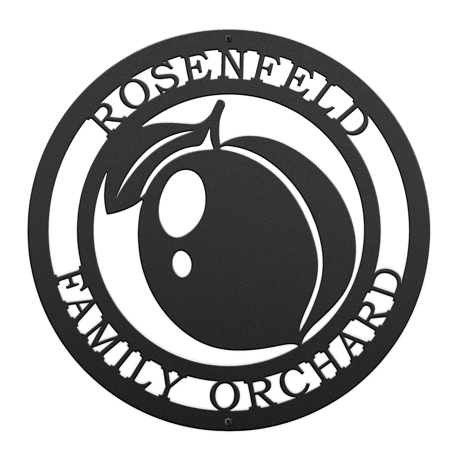 Black round metal family orchard sign with peach fruit design and custom text on white background