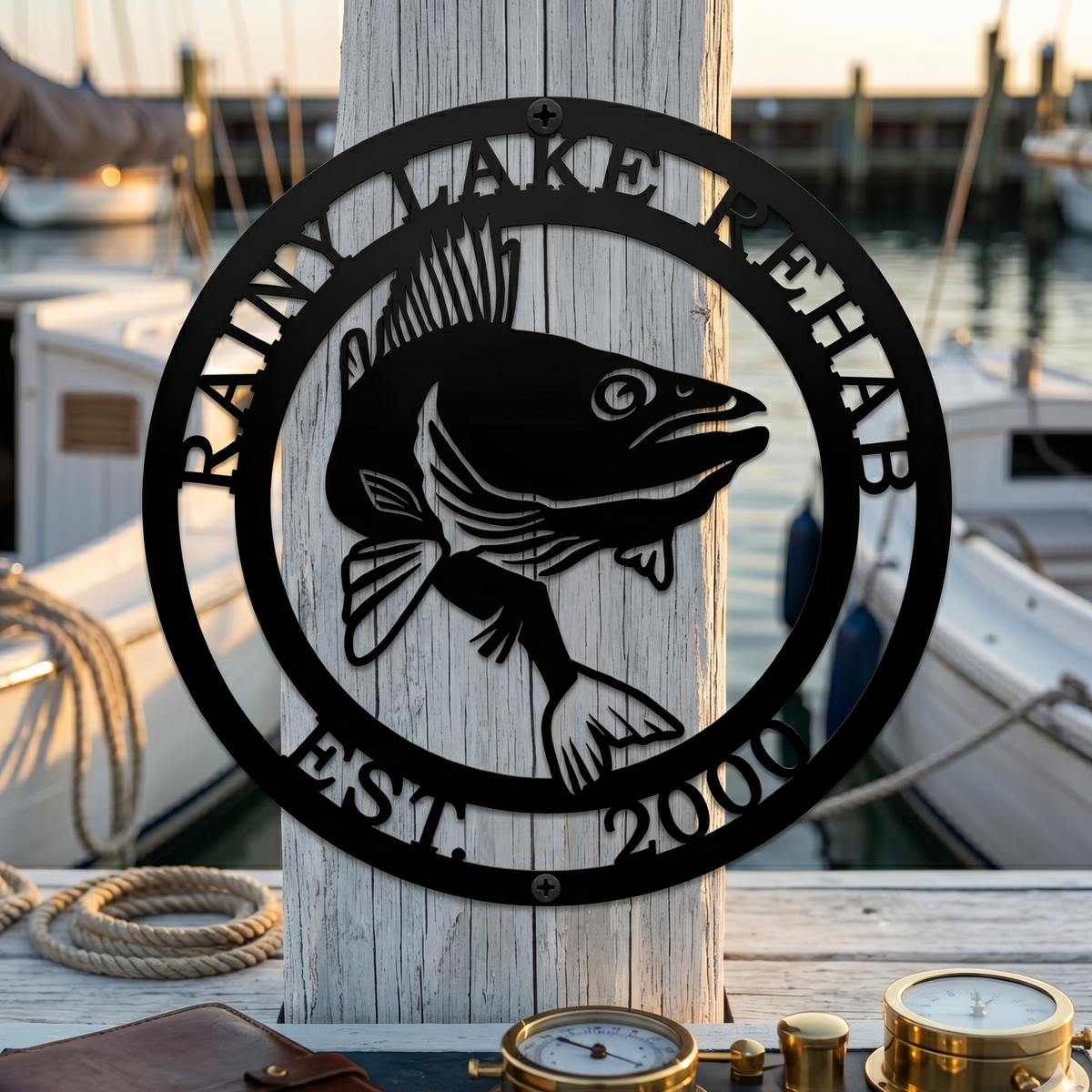 Personalized fish metal sign mounted on marina dock post with nautical and fishing inspired décor art