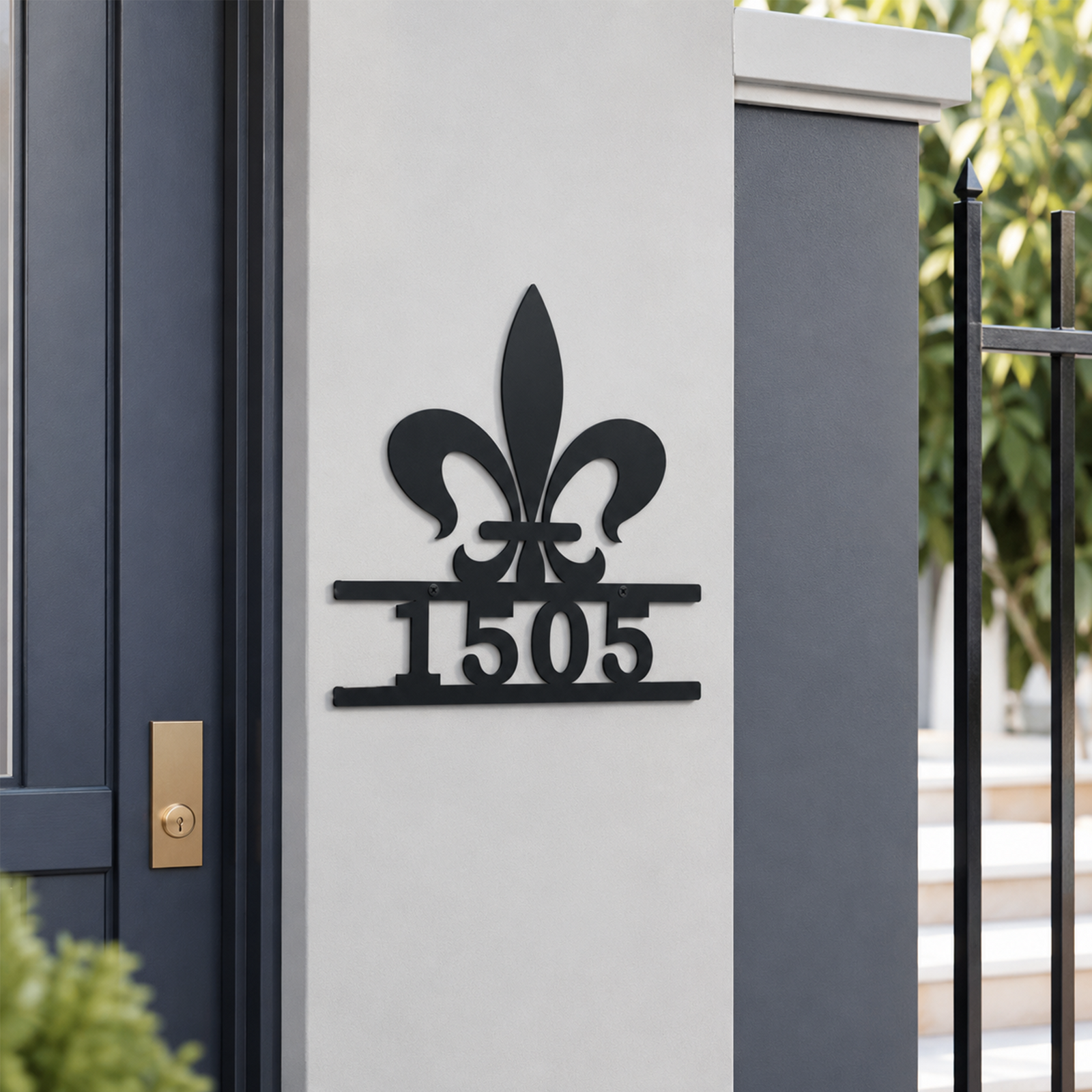 Black fleur de lis custom metal house number plaque mounted beside modern front entry displaying number 1505