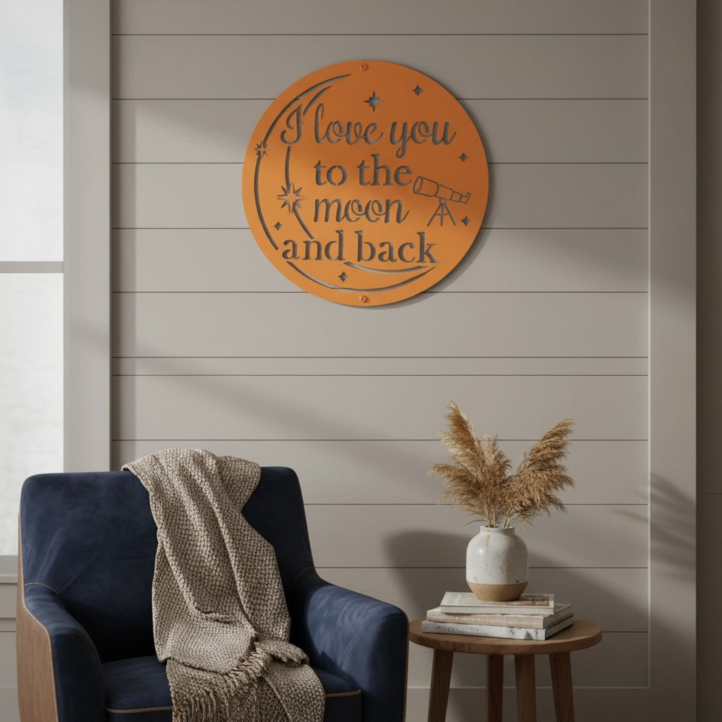 Vibrant medium blue custom metal cutout sign with starry details styled on a living room wall above a wooden table with a hot coffee mug.