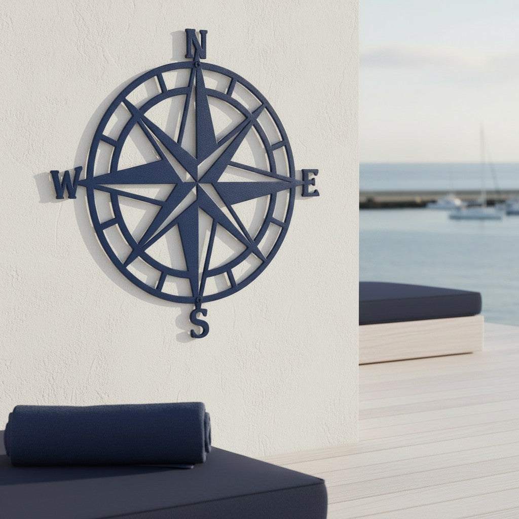 A dark navy blue metal compass rose plaque mounted on a stucco wall at a beachside resort deck, with a rolled navy towel and an ocean view in the background.