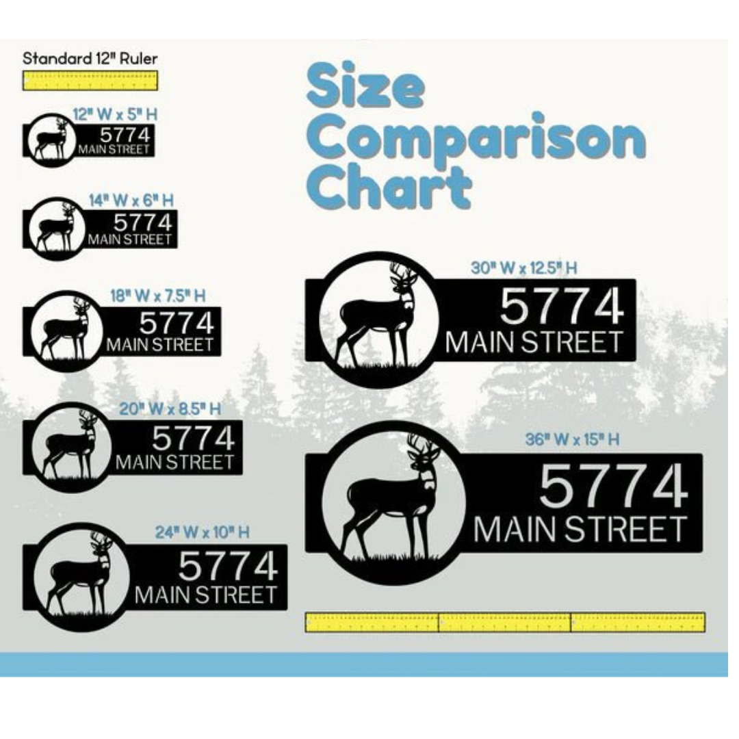 Size comparison chart for deer metal address sign showing available widths and heights with ruler reference for custom house number plaque