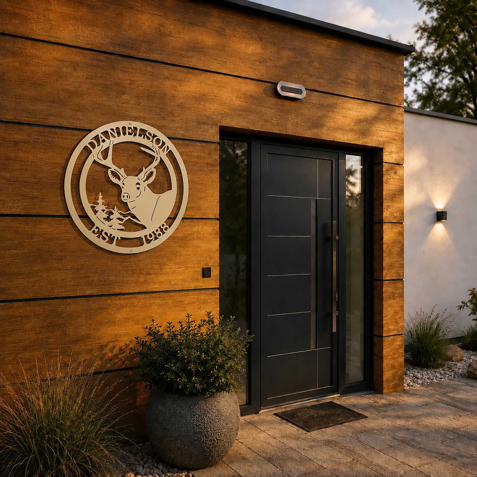 Cream colored deer monogram metal sign with custom surname and EST 1988 displayed on modern wood exterior wall
